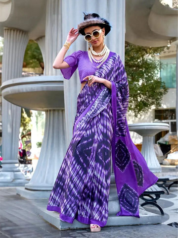 Passionate Purple Contemporary Printed Satin Crepe Saree - women's fashion mart