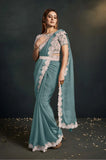 Astonishing Aqua Blue Organza Silk Embroidered Ready To  Wear Saree - women's fashion mart