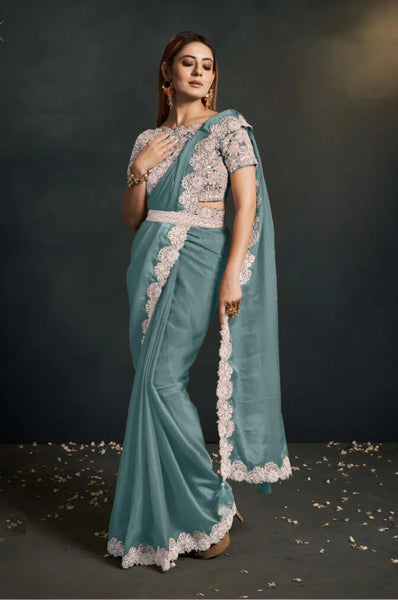 Astonishing Aqua Blue Organza Silk Embroidered Ready To  Wear Saree - women's fashion mart