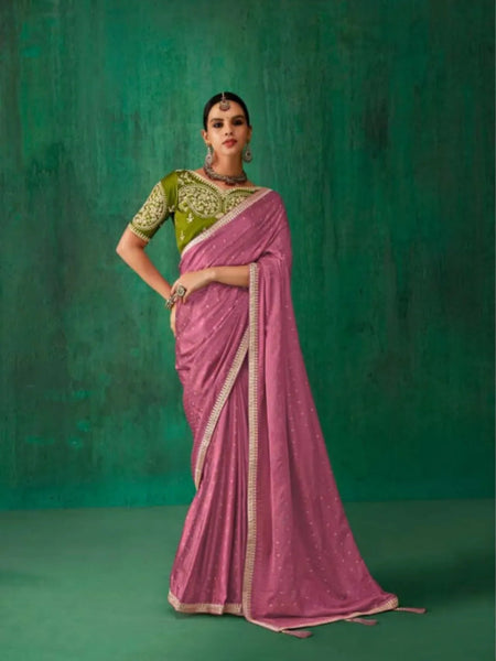 Fabulous Dusty Pink Satin Jacquard Worked Party Wear Saree - women's fashion mart