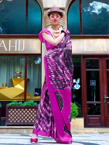 Pristine Pink Contemporary Printed Satin Crepe Saree - women's fashion mart