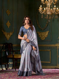 Graceful Dark Grey Soft Dola Silk Printed Saree - women's fashion mart