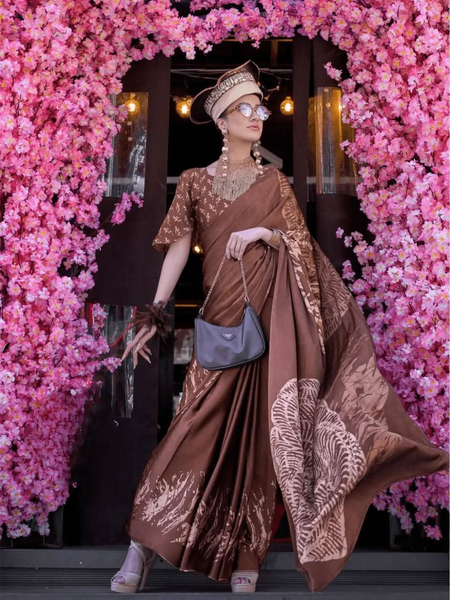 Blazing Brown Contemporary Printed Satin Crepe Saree -Saree Unstitched women's fashion mart