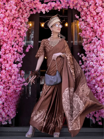 Blazing Brown Contemporary Printed Satin Crepe Saree -Saree Unstitched women's fashion mart