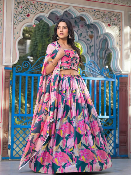 Peerless Pink Slim Georgette Floral Printed Lehenga Choli - women's fashion mart