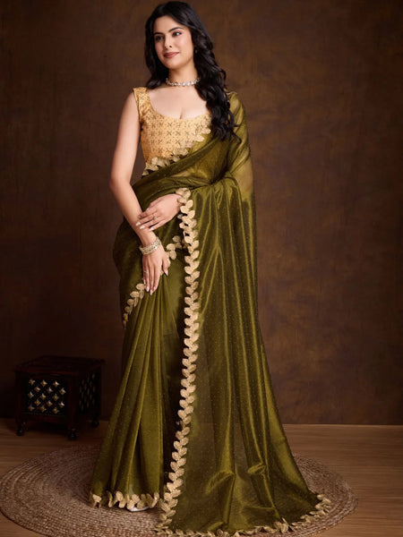 Outstanding Olive Gold Twill Cutwork Designer Saree - women's fashion mart