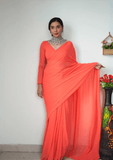Ready to wear georgette saree -Silk Saree Orange women's fashion mart