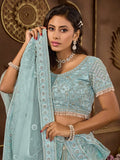 Heartwarming Sky Blue Premium Net Bridal Lehenga Choli - women's fashion mart