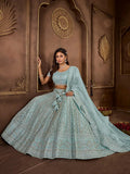 Heartwarming Sky Blue Premium Net Bridal Lehenga Choli - women's fashion mart
