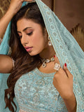 Heartwarming Sky Blue Premium Net Bridal Lehenga Choli - women's fashion mart