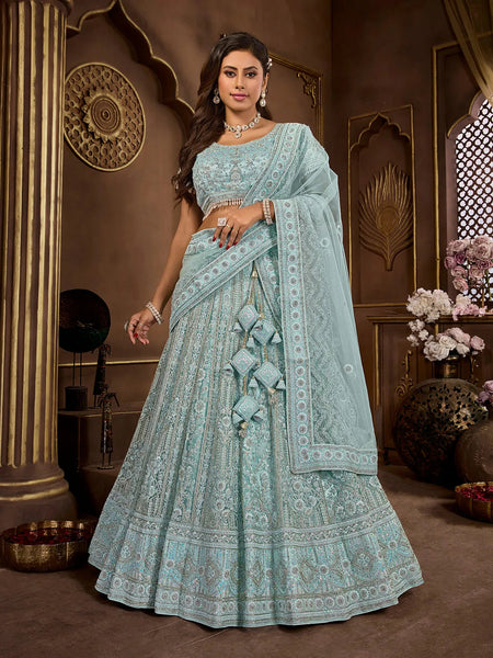 Heartwarming Sky Blue Premium Net Bridal Lehenga Choli - women's fashion mart