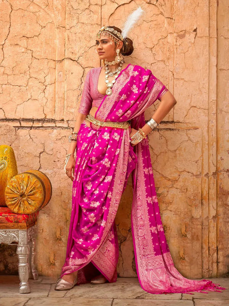 Glowing Pink Georgette Saree with Weaving Butta Border - women's fashion mart