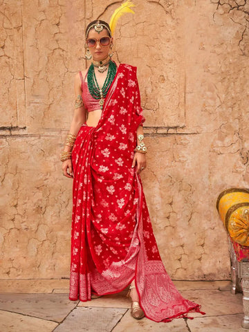 Ravishing Red Georgette Saree with Weaving Butta Border - women's fashion mart