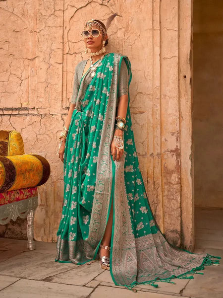 Fantastic Teal Green Georgette Saree with Weaving Butta Border - women's fashion mart
