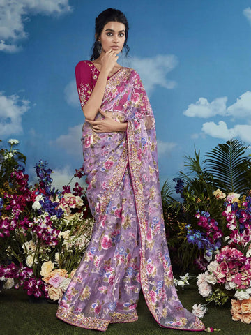 Luxurious Lavender Heavily Floral Embroidered Brasso Saree - women's fashion mart