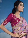 Luxurious Lavender Heavily Floral Embroidered Brasso Saree - women's fashion mart