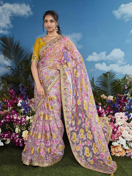 Lustrous Light Pink Heavily Floral Embroidered Brasso Saree - women's fashion mart