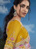 Lustrous Light Pink Heavily Floral Embroidered Brasso Saree - women's fashion mart