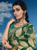 Pleasing Green Heavily Floral Embroidered Brasso Saree - women's fashion mart