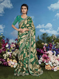 Pleasing Green Heavily Floral Embroidered Brasso Saree - women's fashion mart