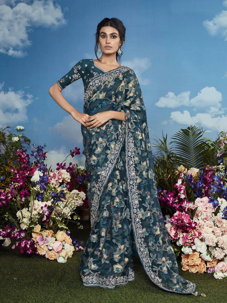 Iconic Navy Blue Heavily Floral Embroidered Brasso Saree - women's fashion mart