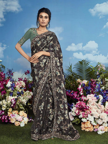 Fabulous Dark Grey Heavily Floral Embroidered Brasso Saree - women's fashion mart