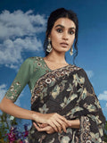 Fabulous Dark Grey Heavily Floral Embroidered Brasso Saree - women's fashion mart