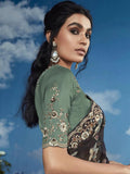 Fabulous Dark Grey Heavily Floral Embroidered Brasso Saree - women's fashion mart