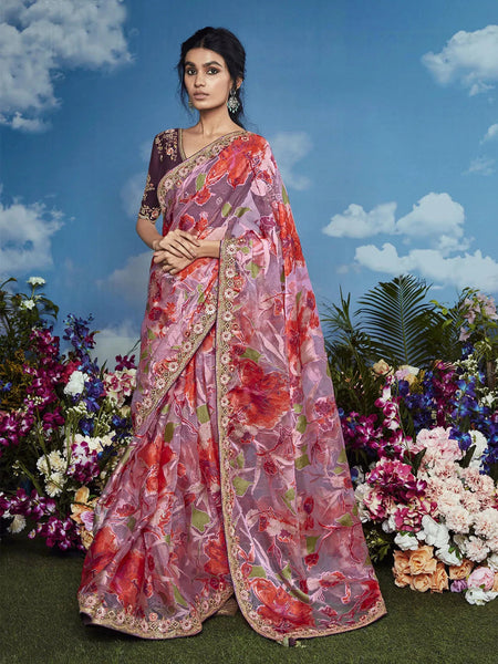 Pristine Pink Heavily Floral Embroidered Brasso Saree - women's fashion mart