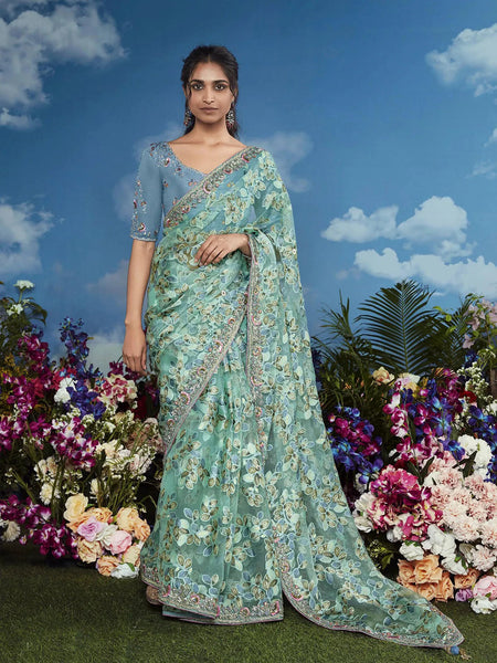Passionate Pista  Heavily Floral Embroidered Brasso Saree - women's fashion mart