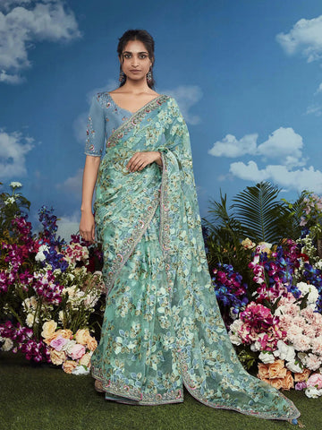 Passionate Pista  Heavily Floral Embroidered Brasso Saree - women's fashion mart
