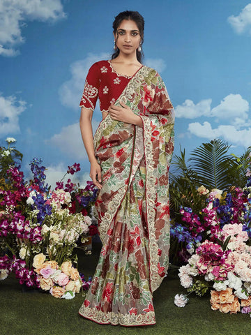 Fantastic Multi Color Heavily Floral Embroidered Brasso Saree - women's fashion mart
