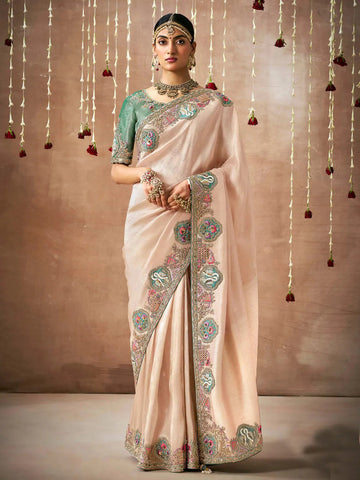 Captivating Cream Designer Silk Saree With Heavy Embroidered Work - women's fashion mart