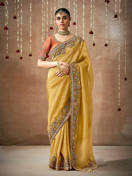 Luminous Mustard Yellow Designer Silk Embroidered Saree - women's fashion mart
