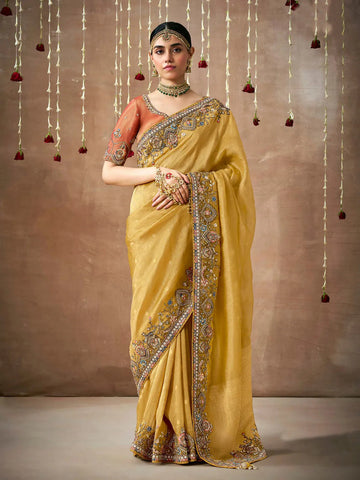 Luminous Mustard Yellow Designer Silk Embroidered Saree - women's fashion mart