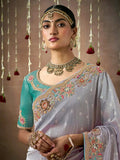 Pleasing Lavender Designer Silk Embroidered Saree - women's fashion mart