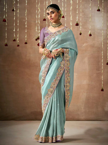 Stunning Sky Blue Designer Silk Embroidered Saree - women's fashion mart