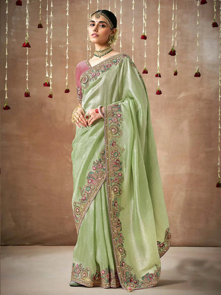 Passionate Pista Green Designer Silk Embroidered Saree - women's fashion mart