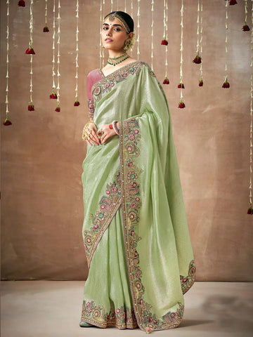 Passionate Pista Green Designer Silk Embroidered Saree - women's fashion mart