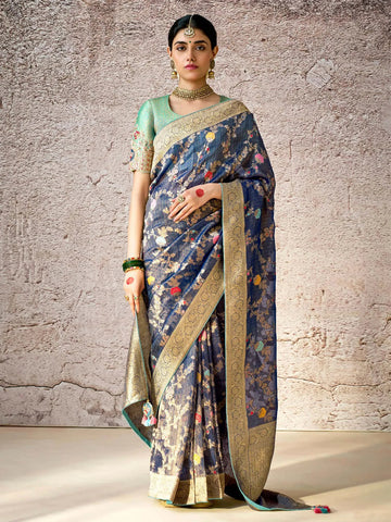 Ravishing Navy Blue Banarasi Silk Saree Floral Embroidered - women's fashion mart