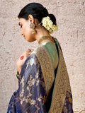 Ravishing Navy Blue Banarasi Silk Saree Floral Embroidered - women's fashion mart