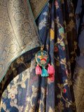 Ravishing Navy Blue Banarasi Silk Saree Floral Embroidered - women's fashion mart