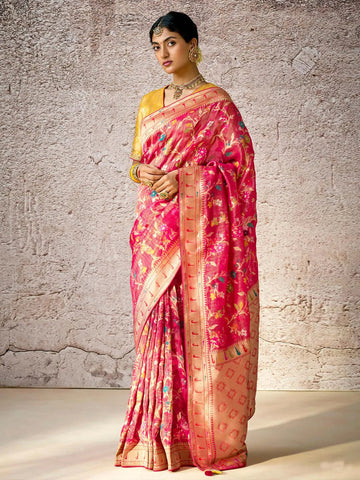 Iconic Red Banarasi Silk Saree Floral Embroidered - women's fashion mart