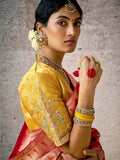 Iconic Red Banarasi Silk Saree Floral Embroidered - women's fashion mart