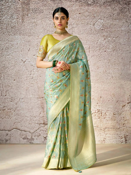 Fabulous Pista Green Banarasi Silk Saree Floral Embroidered - women's fashion mart