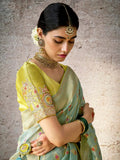 Fabulous Pista Green Banarasi Silk Saree Floral Embroidered - women's fashion mart
