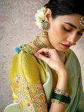 Fabulous Pista Green Banarasi Silk Saree Floral Embroidered - women's fashion mart
