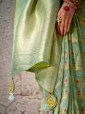 Fabulous Pista Green Banarasi Silk Saree Floral Embroidered - women's fashion mart