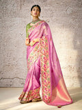 Polished Pink Banarasi Silk Saree Floral Embroidered - women's fashion mart