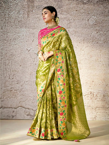 Comforting Light Green Banarasi Silk Saree Floral Embroidered - women's fashion mart